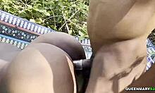 does this cheating wife fuck her husband's friend outdoors?