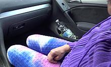 Perverted stepmother touched her stepsons big cock in his car.