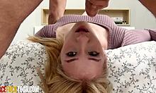 hot blonde teen gagging on a massive cock during a deep face fuck session that's intense and rough