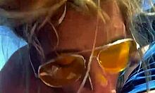 Cheating blonde whore sucks cock and takes facial out in public midday