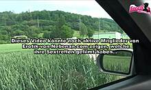 German Housewife Swallows Deeply Outdoor By Car