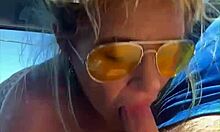 Cheating blonde whore sucks cock and takes facial out in public midday