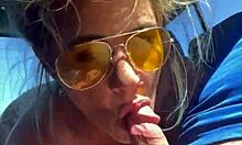 Cheating blonde whore sucks cock and takes facial out in public midday