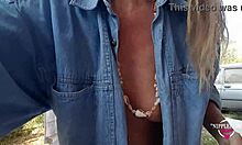 Nippleringlover's kinky mother plays with her pierced pussy and extreme pierced nipples outdoors.