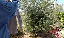 Nippleringlover's kinky mother plays with her pierced pussy and extreme pierced nipples outdoors.