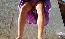 Nippleringlover's kinky mother plays with her pierced pussy and extreme pierced nipples outdoors.