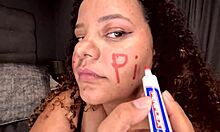 Bbw Colored Girl In Lingerie Using Dildo After Writing Words On Face