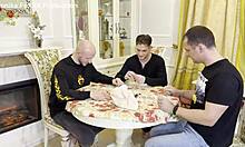 3 friends gangbang fucked russian bitch monika fox during break in lotto game with double penetration anal deepthroat and facial