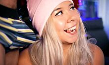 blonde babe teases and sucks small hard cock