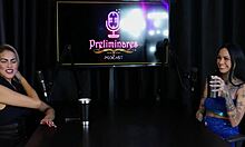 Evelyn Buarque in sheer red lingerie dominates bisexual fetish at club