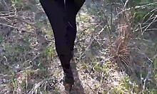 High heels click through forest paths in nature walk