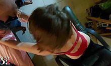 French amateur slut delivers intense blowjob deepthroat rimming ass fingering in red satin bodysuit green leather pants heels