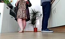 doggystyle in the kitchen with this curvy milf and her natural tits