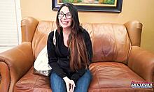 Charming nerdy Fiona Ryder sucks a hard interracial cock