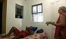 The mature maid catches her boss masturbating and seduces him.