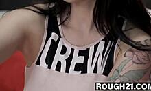 he disapproves of her tattoos, yet she tempts him with big natural tits, making him suck them eagerly.