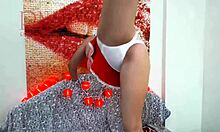 watch this girl in school uniform dance pantyless and strip with a huge toy?