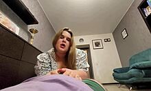 Beautiful bbw goddess in pantyhose plays with slave's cock using heels and feet 😘