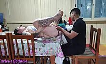 Curious goddess, hot milf housewife licks hairy pussy on dining table