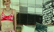 Blonde amateur shemale jerking off while toying her ass with a dildo