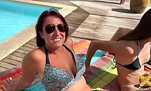 Vanessa gets naughty with Candie before their outdoor threesome