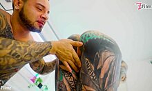 tattooed stretched atm & gaping finish with rough anal blowjob and cum on ass