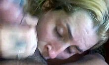 Blonde tattooed slut deepthroats black cock swallows massive cum mouthful