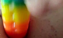 Chubby Brunette Gapes Ass with Rainbow Dildo Creampie