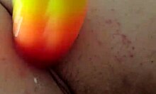 Chubby Brunette Gapes Ass with Rainbow Dildo Creampie