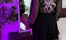 sexy milf spreads in blue crotchless panties and stockings