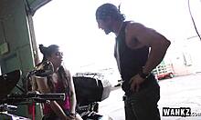 Bad girl teen slut begs mechanic to fuck her shaved pussy with monster cock now!