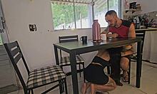 Risky Kitchen Sex With Wife's Sexy Brunette Friend Deepthroat Ride