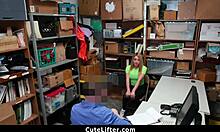 Naughty shoplifting teen's small tits exposed in strip search before creep officer rips clothes for office punishment fuck