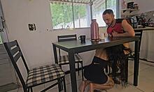 Risky Kitchen Sex With Wife's Sexy Brunette Friend Deepthroat Ride