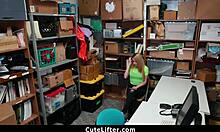 Naughty shoplifting teen's small tits exposed in strip search before creep officer rips clothes for office punishment fuck