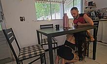 Risky Kitchen Sex With Wife's Sexy Brunette Friend Deepthroat Ride