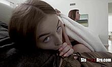 Redhead teen sneaks riding stepbro's cock hard while friend watches clueless in caught fantasy fuck