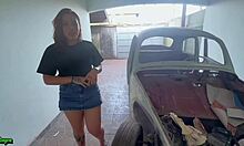 young brazilian redhead fucks old stud in rusty car as cuck stares