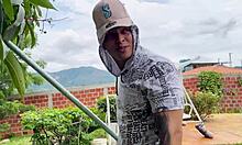 Empleado watches boss masturbate then fucks her outdoor