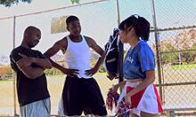 May Lee Gags on Two Big Black Cocks Deepthroat Facial Shaved Pussy