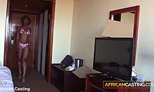 Tight ebony milf strips bikini in casting, begs for rough black cock deepthroat and facial cumshot