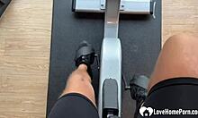 brunette babe sucks cock hard before deep gym toilet fuck