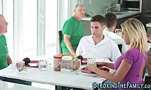 stepmom sneaks under table for secret milf blowjob on teen