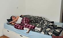 in the early morning bedroom shanaxnow the cute latina nerd brunette with glasses and tattoos sucks girlfriend's pretty toes and feet in socks