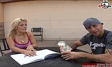 young blonde street slut with natural tits begs for facial cum 😏💦🍆