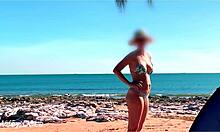 bold wifey exposes huge milf tits flashing publicly at crowded beach