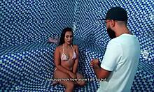 Dude that hot latina's big ass bounces wild on huge cock in the steamy sauna 🔥🍑