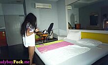 Busty shemale teases with toys before friend's throbbing cock play