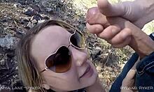 Wife's public outdoor BJ ends with hot cumshot dripping down big ass