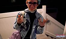 whoa blue haired petite raven fingered bent over then fucked to swallow cum 😍